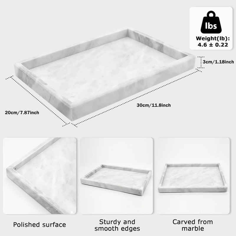 MULWR Marble Bathroom Tray,Pure Natural Marble Vanity Tray,Marble Tray for Kitchen Counter Non-Ceramic/Non-Resin,Stone Tray 12 x 8 inch (White) - Image 3